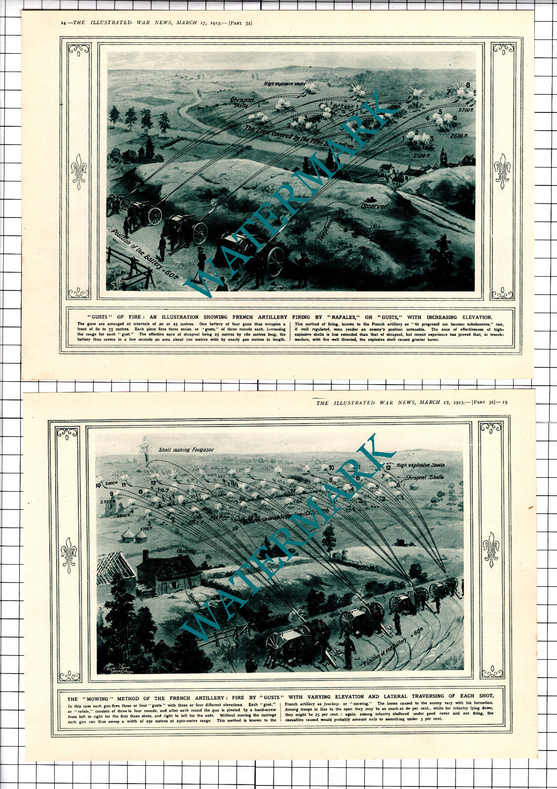 French Artillery Rafales Gusts WW1 Great War - 1915 Two-Part Clipping / Print