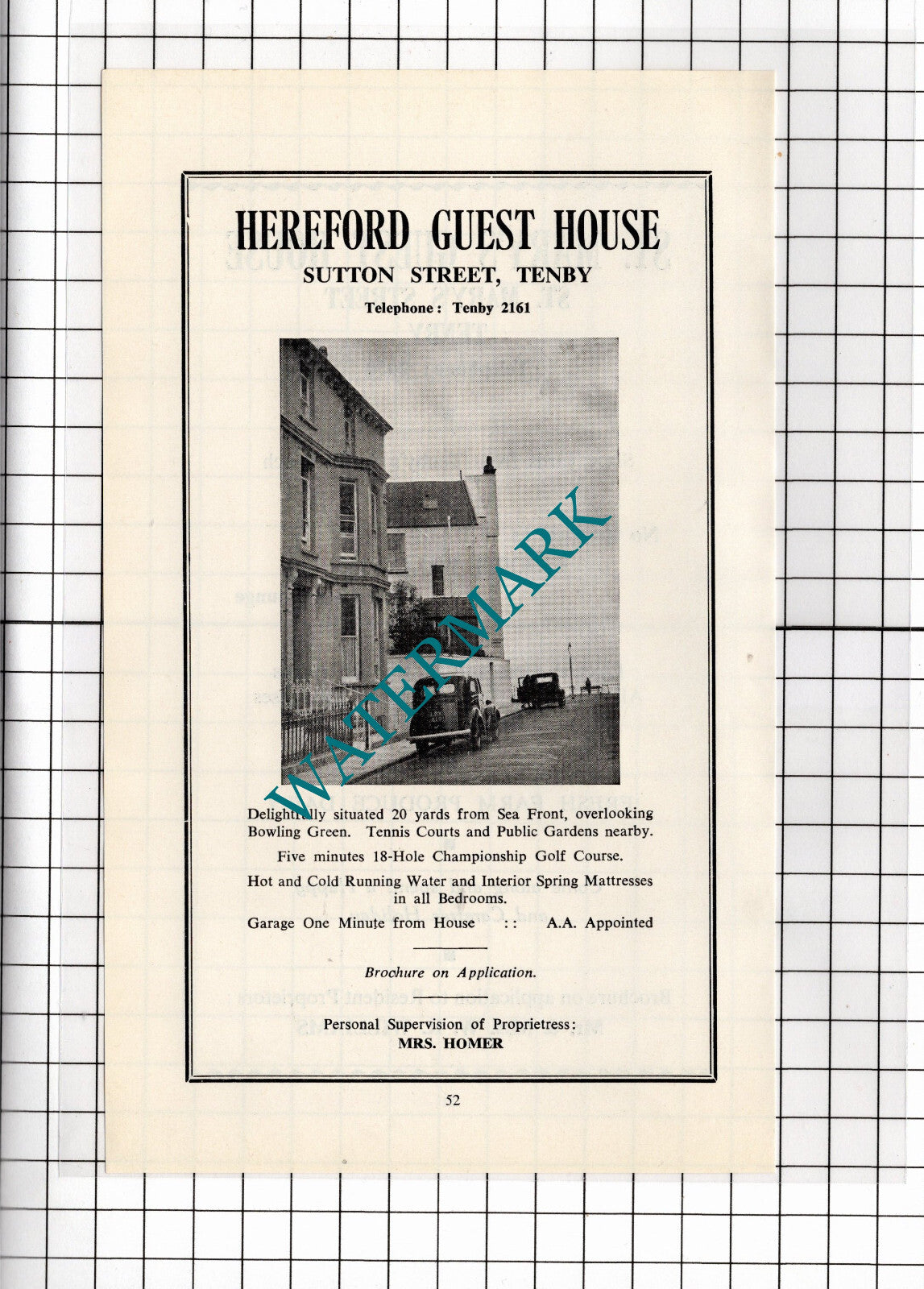 Hereford Guest House Tenby Wales Homer / St Mary's Guest House - 1962 ADVERT