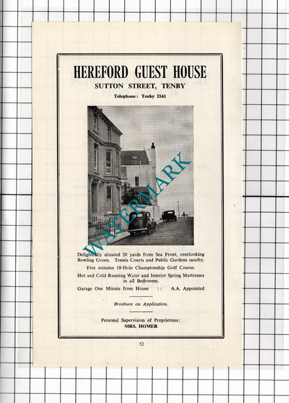 Hereford Guest House Tenby Wales Homer / St Mary's Guest House - 1962 ADVERT