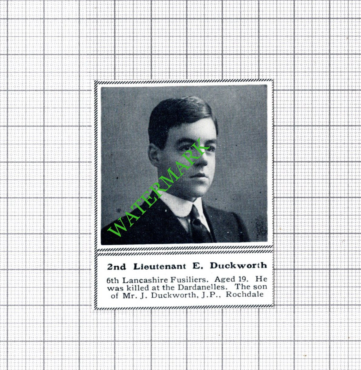 2nd Lt E Duckworth 6th Lancashire Fusiliers Rochdale WW1 - c.1918 SMALL Cutting