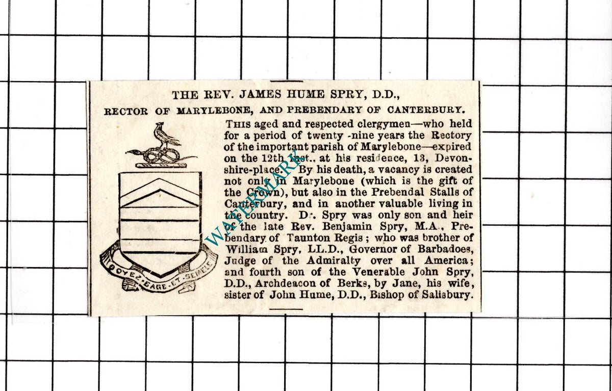 The Rev James Hume Spry Marylebone Obituary -  1854 SMALL Clipping