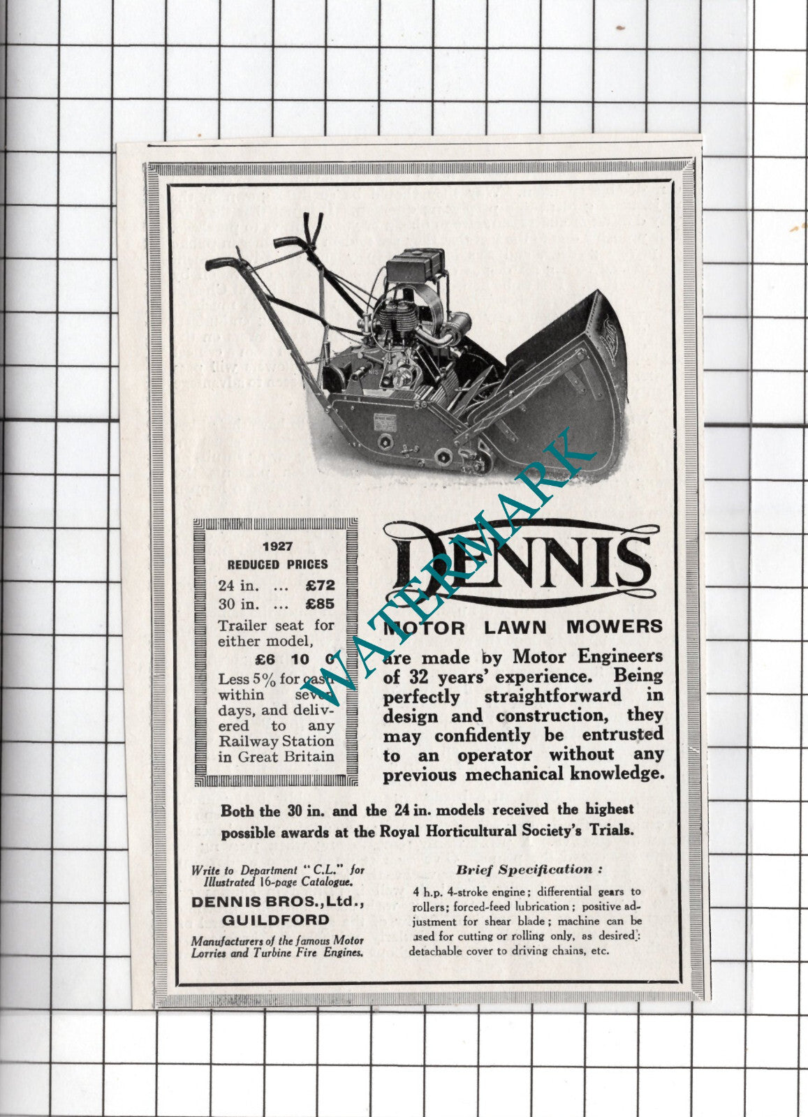 Dennis Bros Ltd Guildford Dennis Lawn Mowers Small Advert - 1927 Clipping