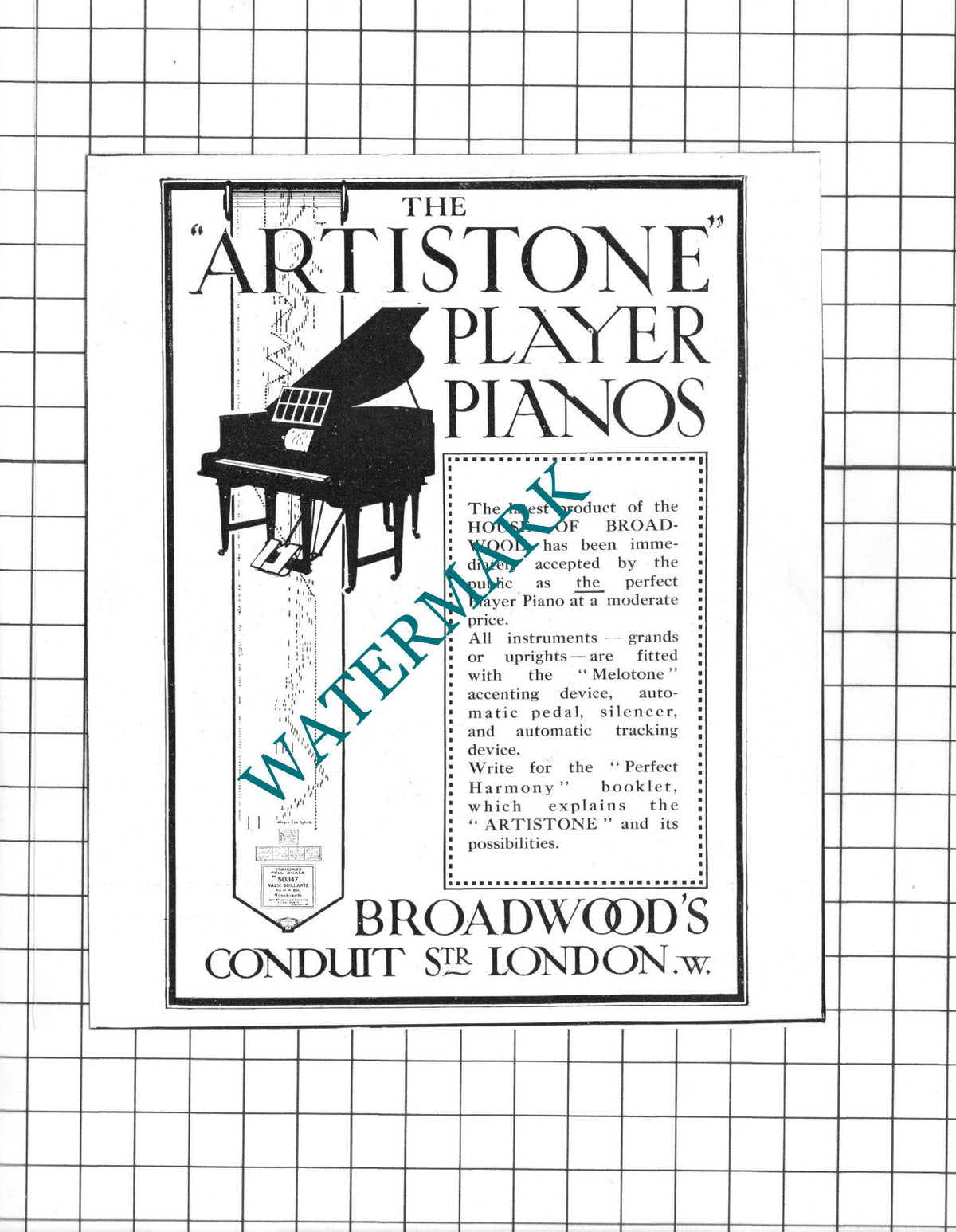 The Artistone Player Pianos House of Broadwood London Advert  - 1914 Clipping