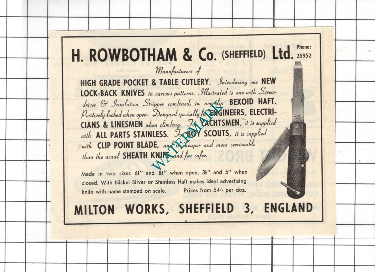 H Rowbotham & Co Sheffield Ltd Milton Works Sheffield - 1954 Small ADVERT