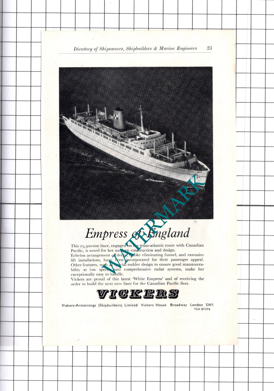 John G Kincaid Greenock / Vickers Empress Of England Ship  ADVERT -  c.1957