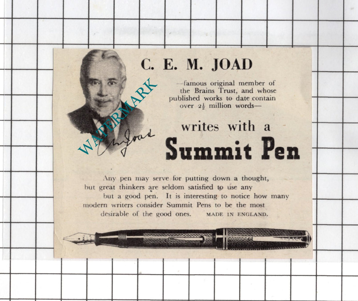 C E M Joad Author Summit Pen Advert - 1948 Small ADVERT