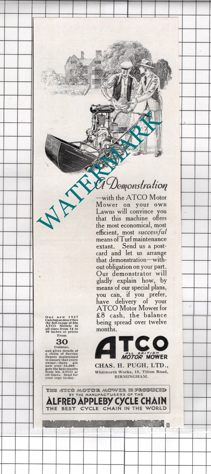 Atco Motor Mower Chas H Pugh Ltd Birmingham Charles Pugh Advert -  1927 Clipping
