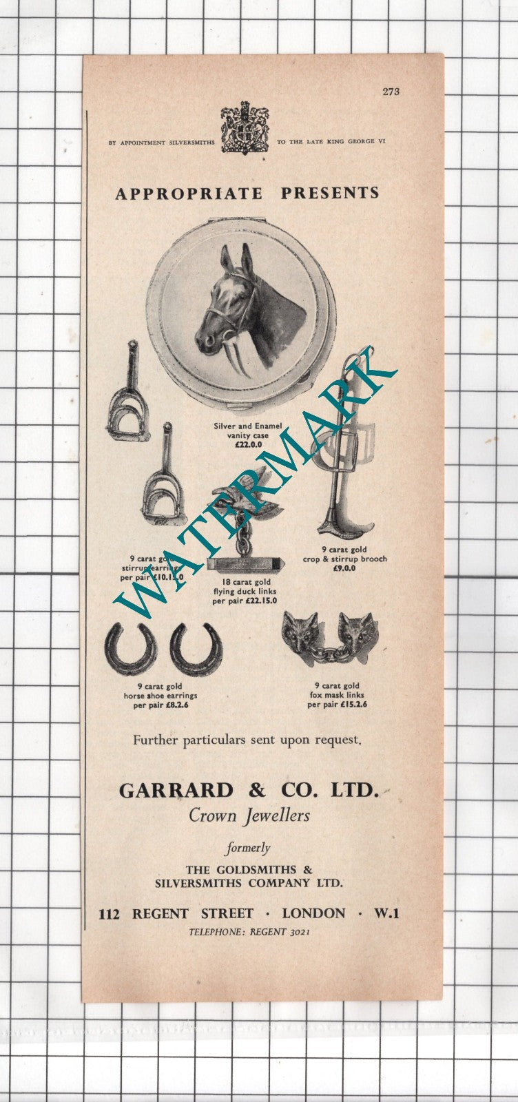 Garrard & Co Ltd Crown Jewellers London   - 1954 Advert