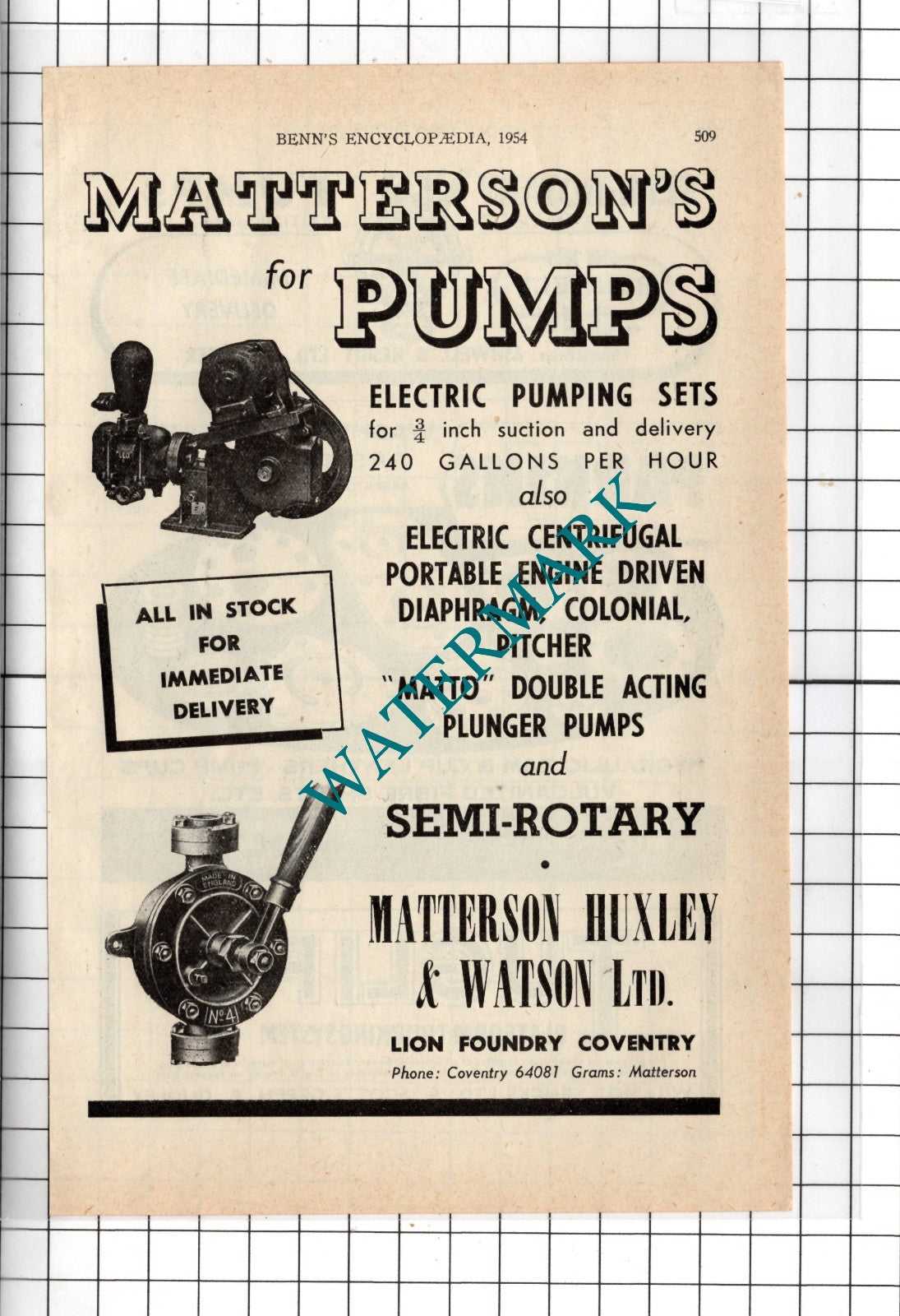 Matterson Huxley & Watson Ltd Lion Foundry Coventry Advert - 1954