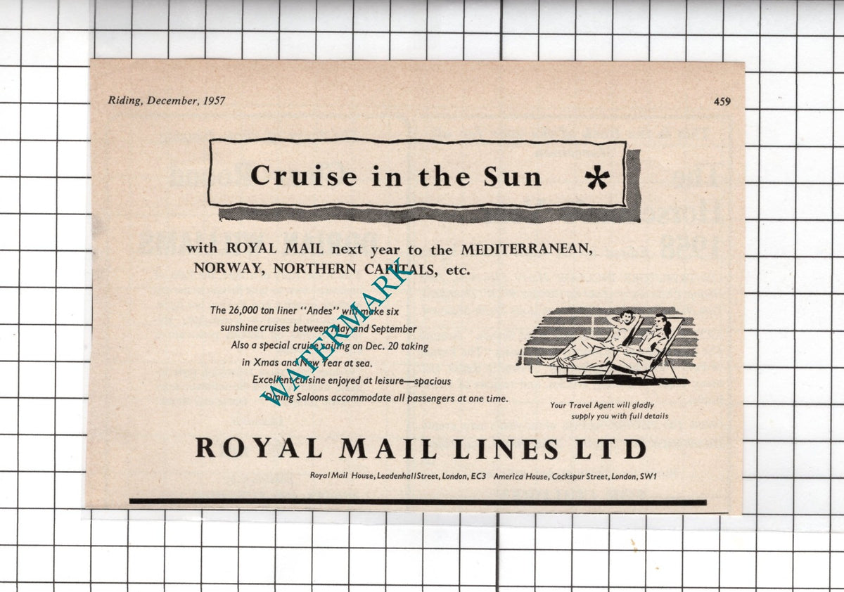 Royal Mail Lines Ltd Andes Ship Cruise  - 1957 SMALL Advert