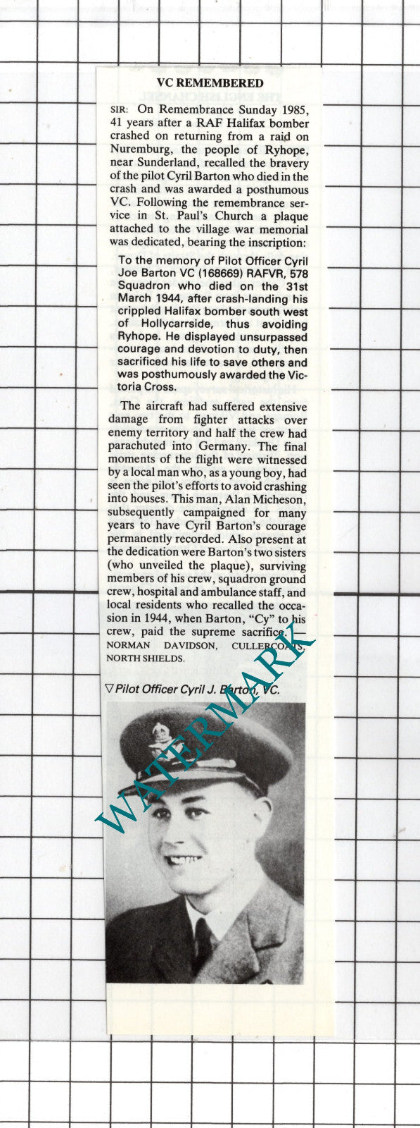 Pilot Officer Cyril Joe Barton VC WW2 - 1986 Cutting