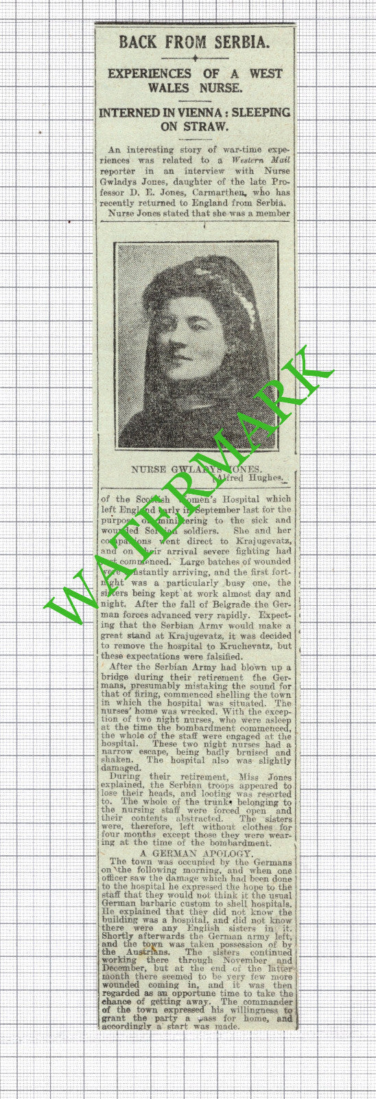 Nurse Gwladys Jones Professor D E Jones Carmarthen WW1 War  -  1916 News Cutting
