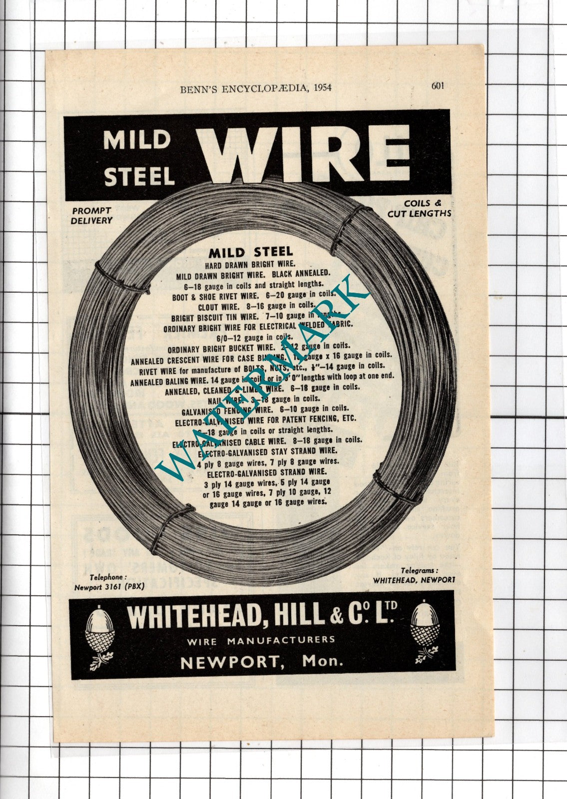 Whitehead Hill & Co Ltd Wire Manufacturers Newport Mon  - 1954 Advert