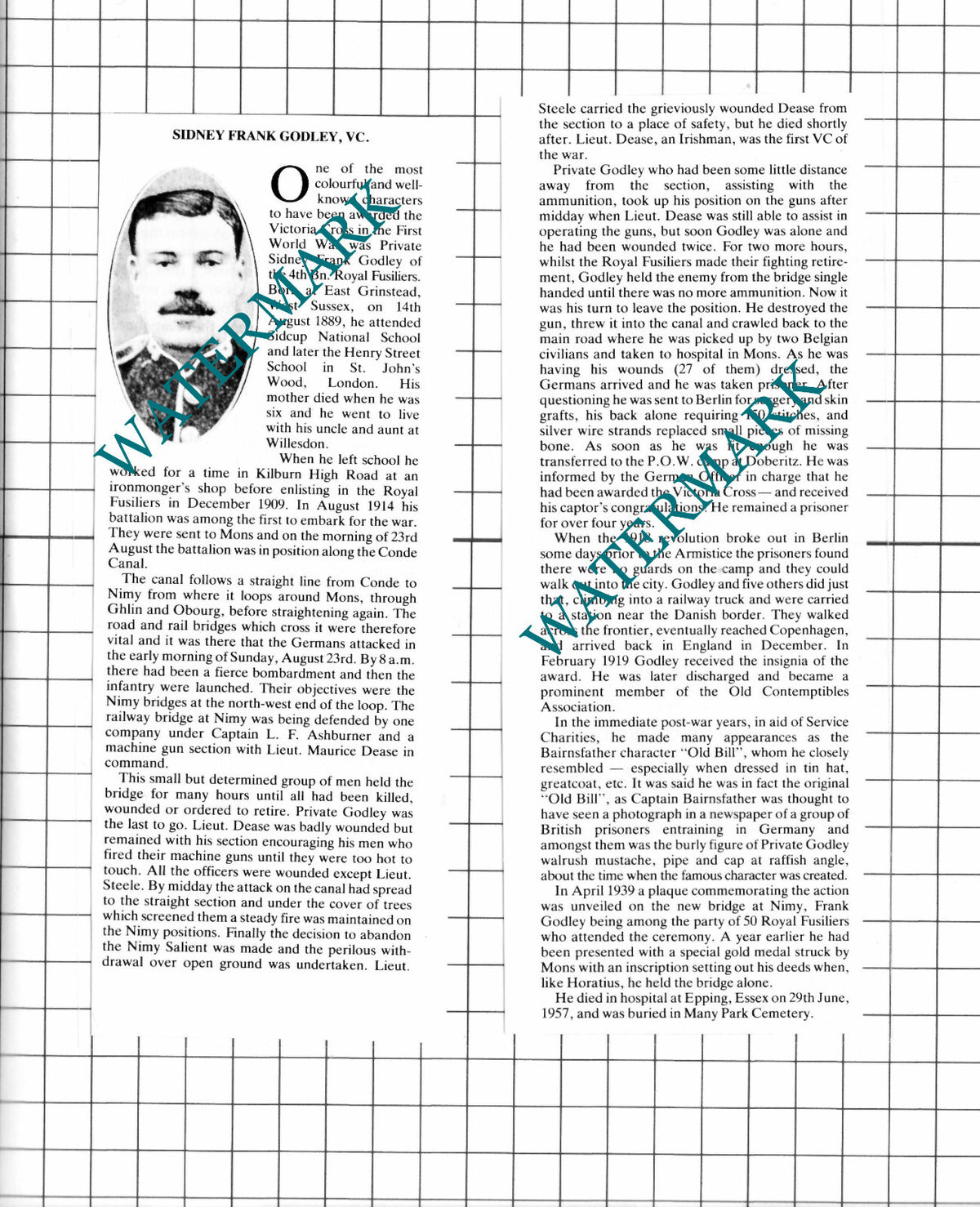 Private Sidney Frank Godley Royal Fusiliers - 1980 Two-Part Cutting / Print