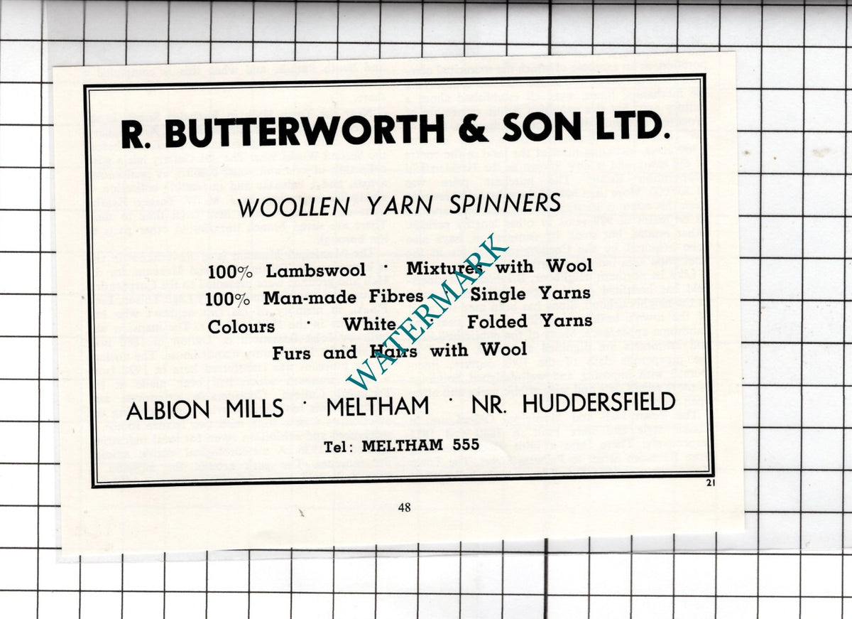 R Butterworth & Son Ltd Albion Mills Meltham  Yorkshire  - c.1962 Small Advert