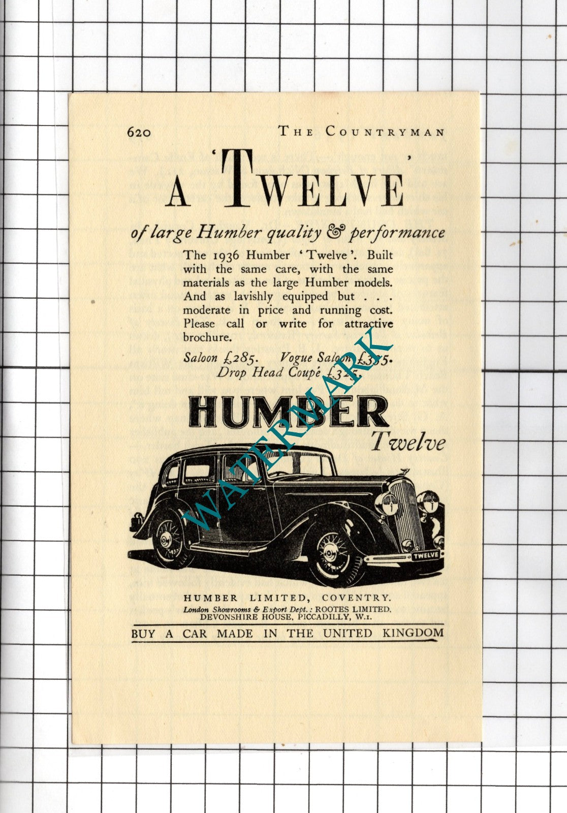 Humber Twelve Car Advert  - 1936  Small Advert
