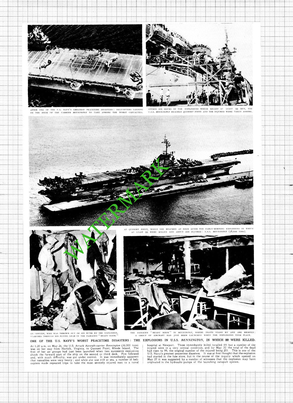 USS Bennington Ship Explosion US Navy - 1954 Cutting / Print
