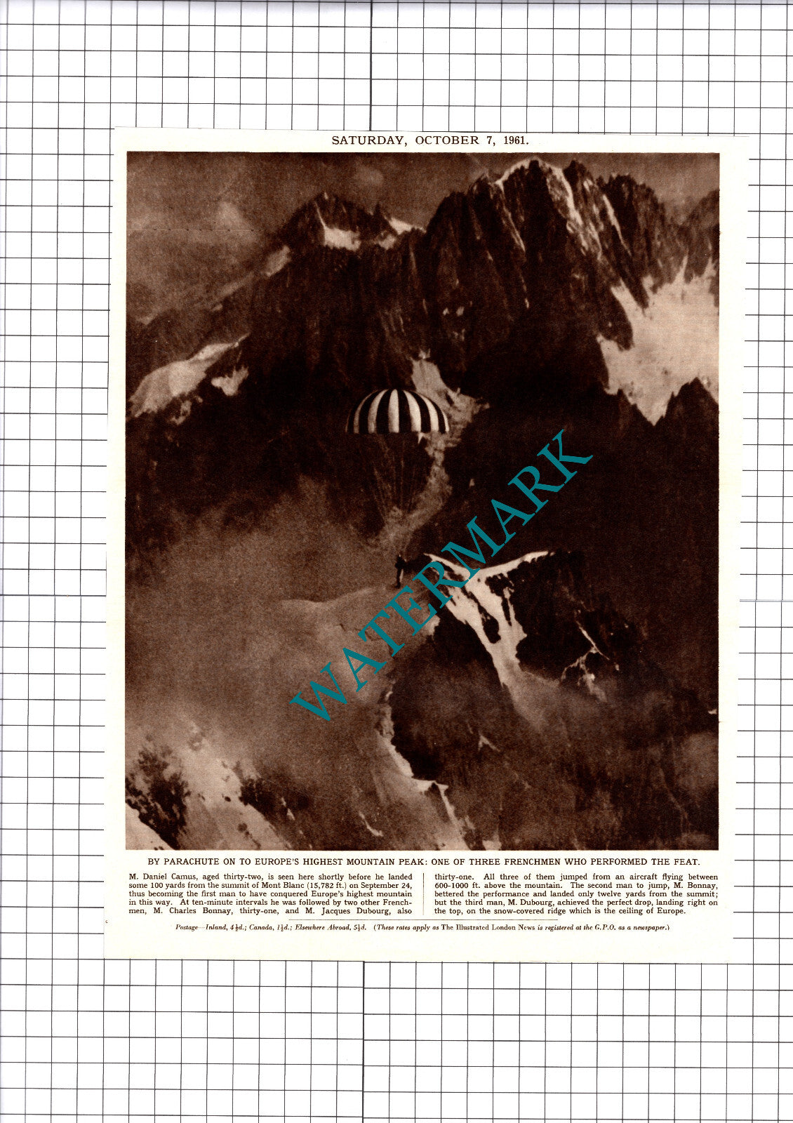Daniel Camus Mont Blanc Parachute Charles Bonnay Dubourg - 1961 Cutting / Print