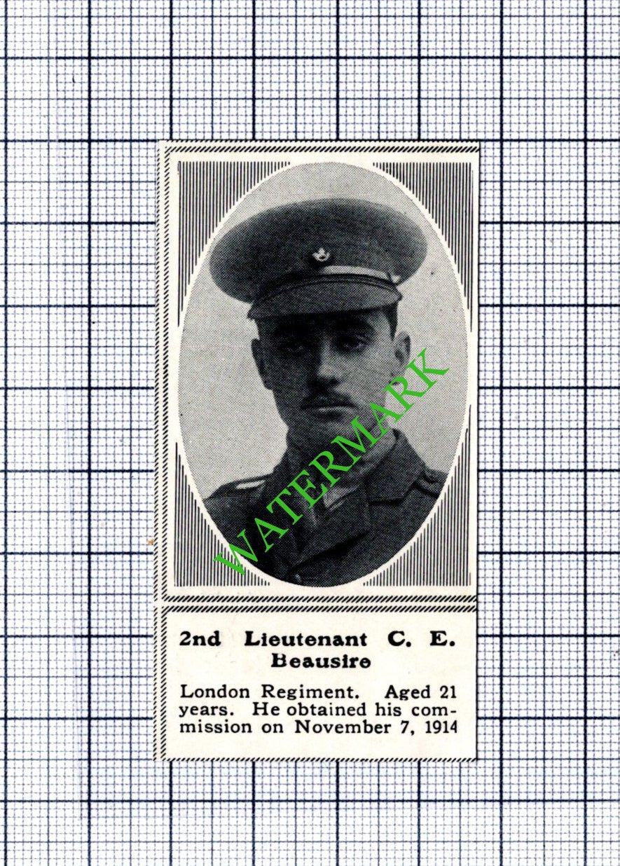 2nd Lt C E Beausire London Regiment WW1 - 1915 SMALL Cutting