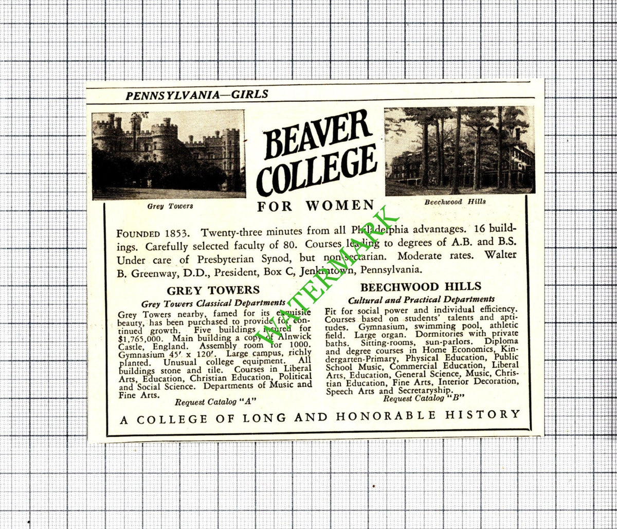 Beaver College Pennsylvania USA Walter Greenway Small  Advert - 1929 Cutting