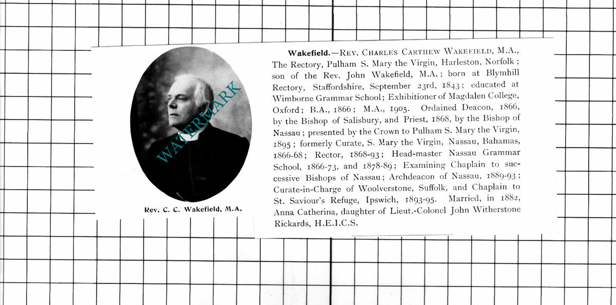 Rev Charles Carthew Wakefield The Rectory Harleston Norfolk - 1911 Cutting