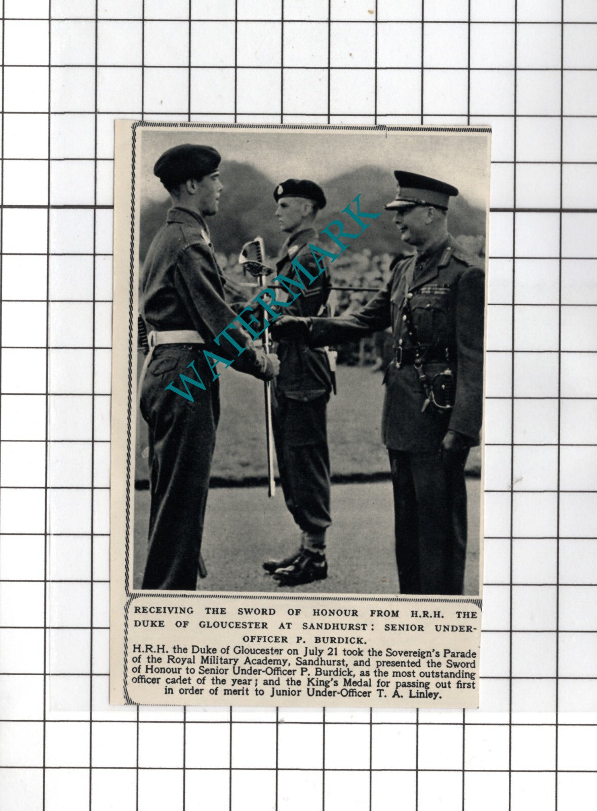 Senior Under-Officer P Burdick  Sandhurst - 1950 SMALL Cutting