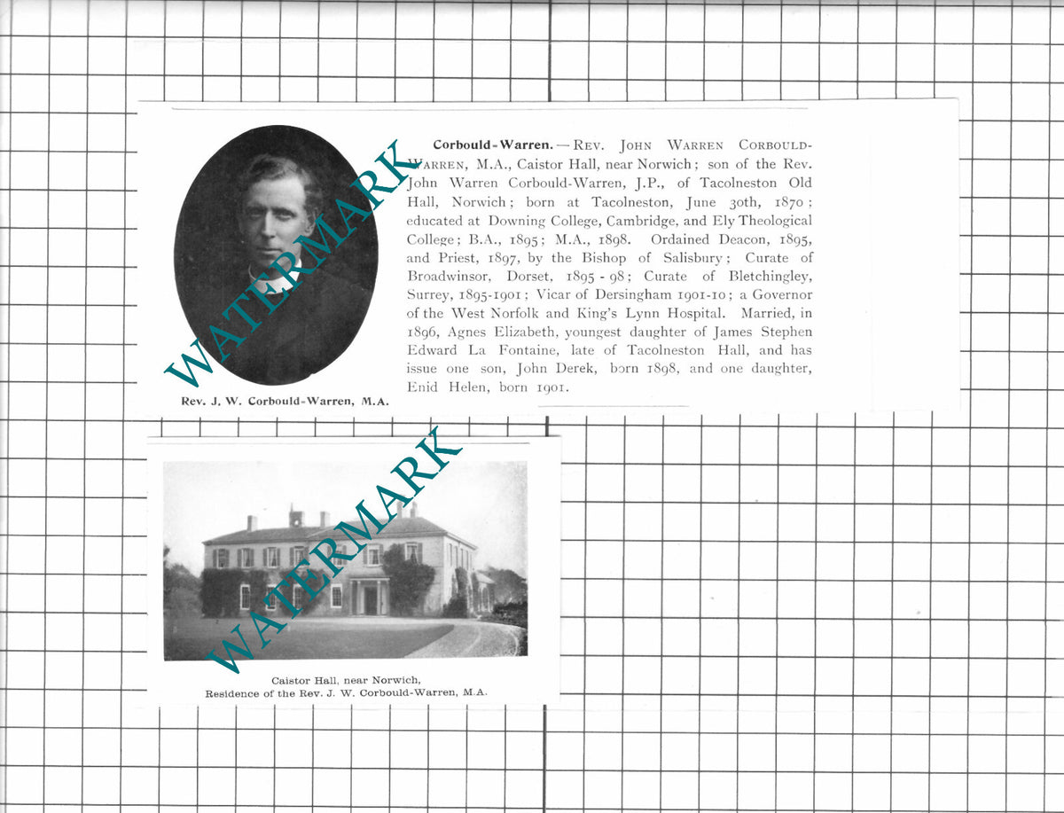 Rev John Warren Corbould-Warren Caistor Hall Norfolk  - 1911 Two-Part Clipping