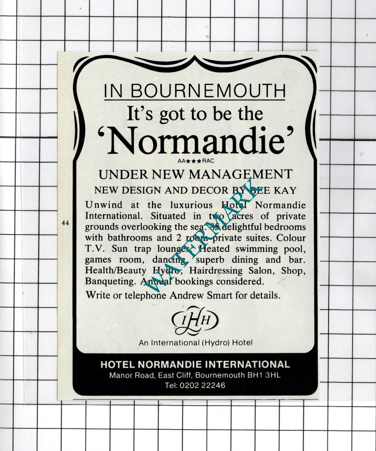 Hotel Normandie International Bournemouth  Andrew Smart Advert - 1980 Cutting
