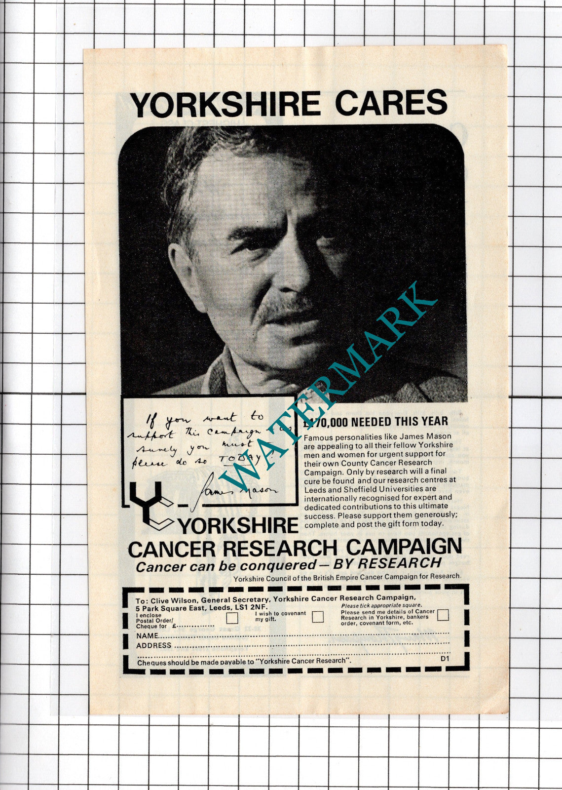 Yorkshire Cancer Research Campaign JAMES MASON - 1972 Advert