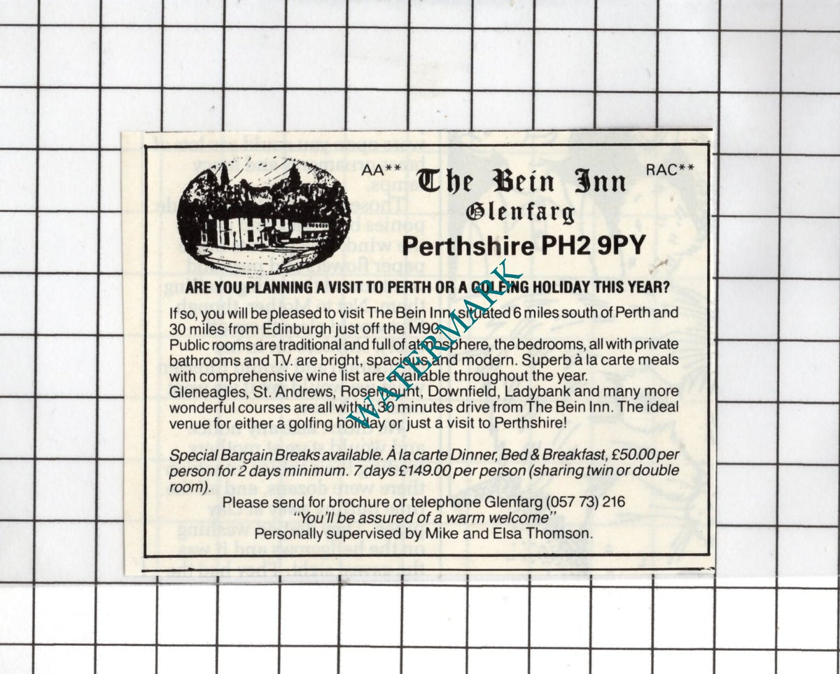 The Bein Inn Glenfarg  Perthshire Small Advert - 1985 Clipping