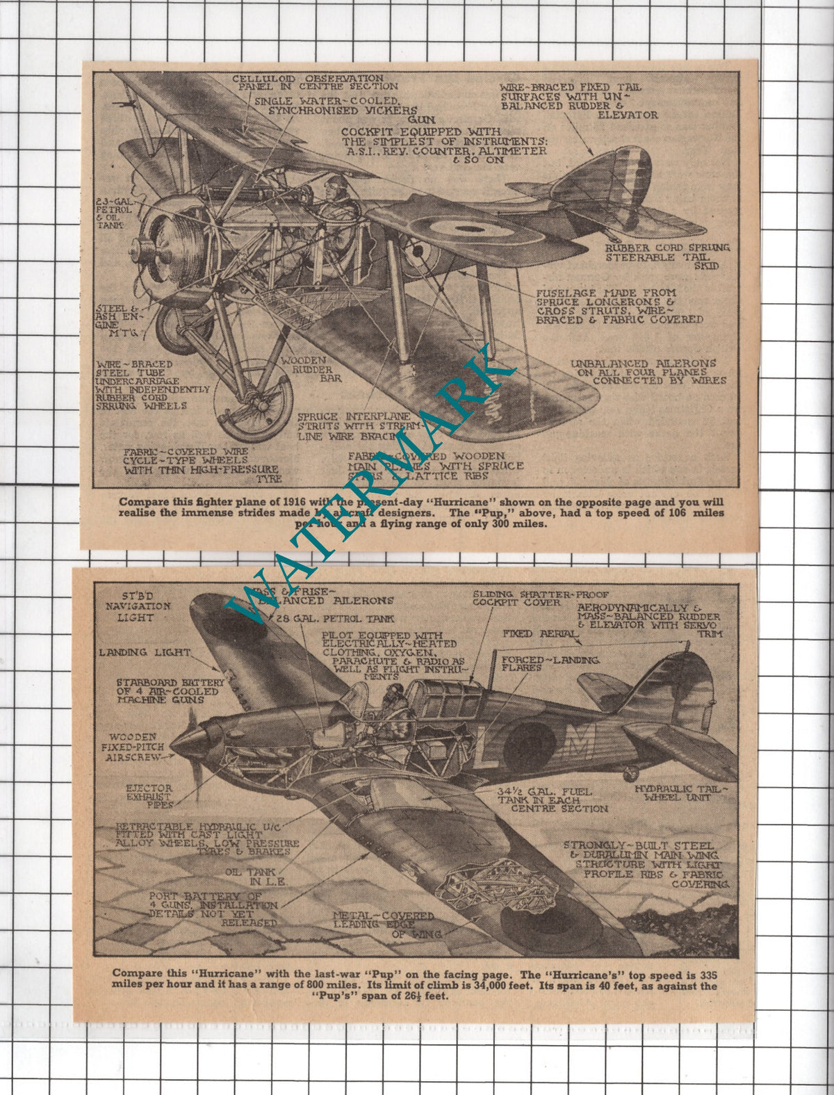 Hurricane Plane  WW2   Fighter Plane WW1 Diagram - 1940 Two-Part News Clipping