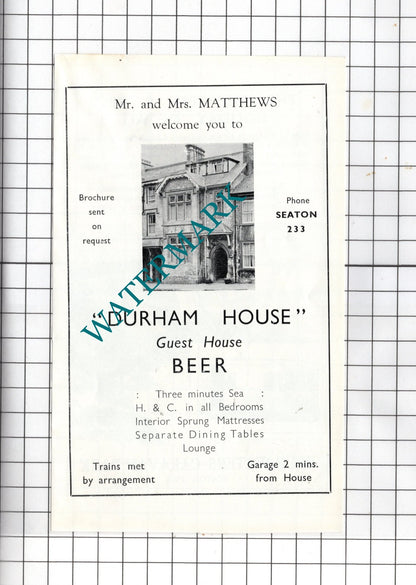 Blue Waters Caravan Park Seaton Devon / Durham House Beer Devon- c.1954 Advert