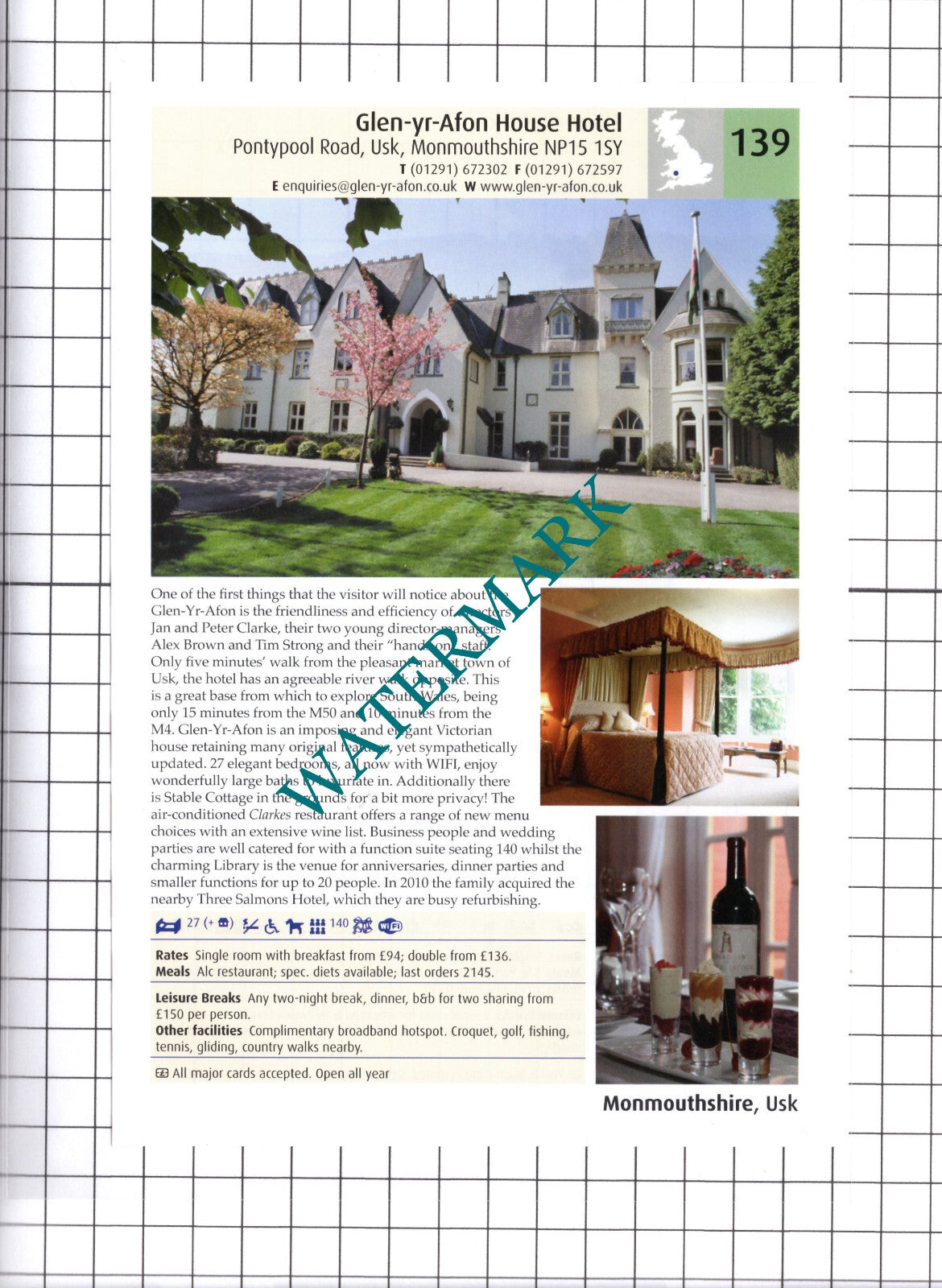 Glen-yr-Afon Hotel Usk /  Slebech Park Haverfordwest  Advert -  2011 Cutting