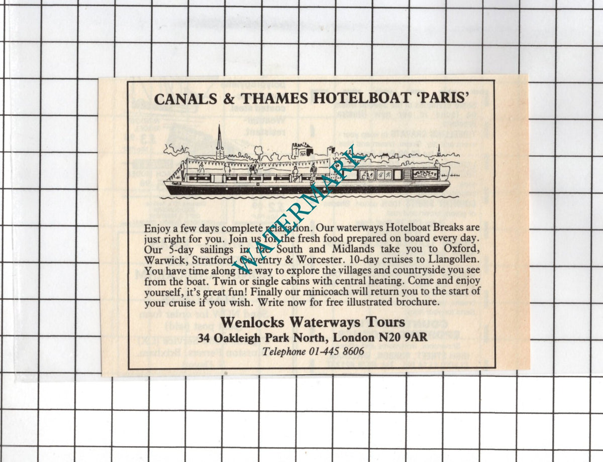 Wenlocks Waterways Tours London SMALL  Advert - 1983 Cutting