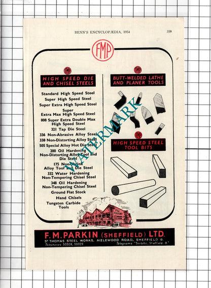 Don Auger Co Ltd Sheffield / F M Parkin Sheffield Ltd Steel  - 1954 Advert