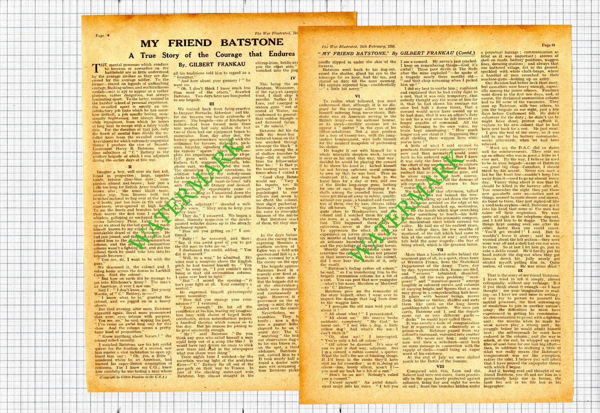 Second Lt Harry B Batstone  Great War -  1918 Two-Part Cutting