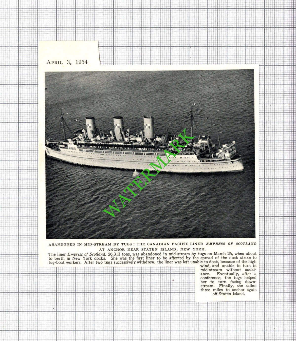 EMPRESS OF SCOTLAND Ship Dock Strike Staten Island New York  - 1954 Cutting