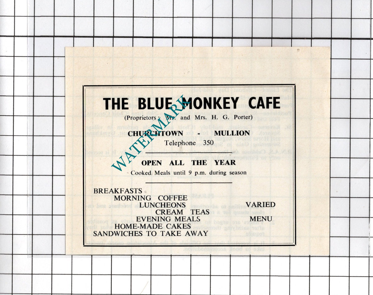 The Blue Monkey Cafe Mullion Cornwall  Mr Porter  - c.1969 Small Advert
