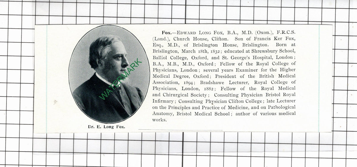 Dr Edward Long Fox  Brislington Church House Clifton Bristol - 1898 Clipping