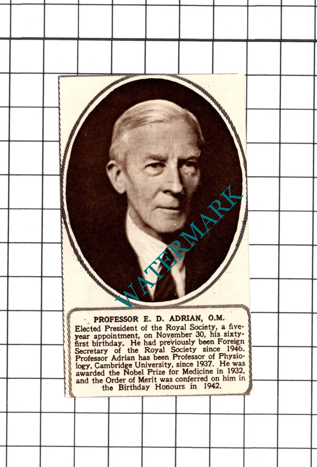 Professor E D Adrian Royal Society Cambridge University -  1950 Cutting