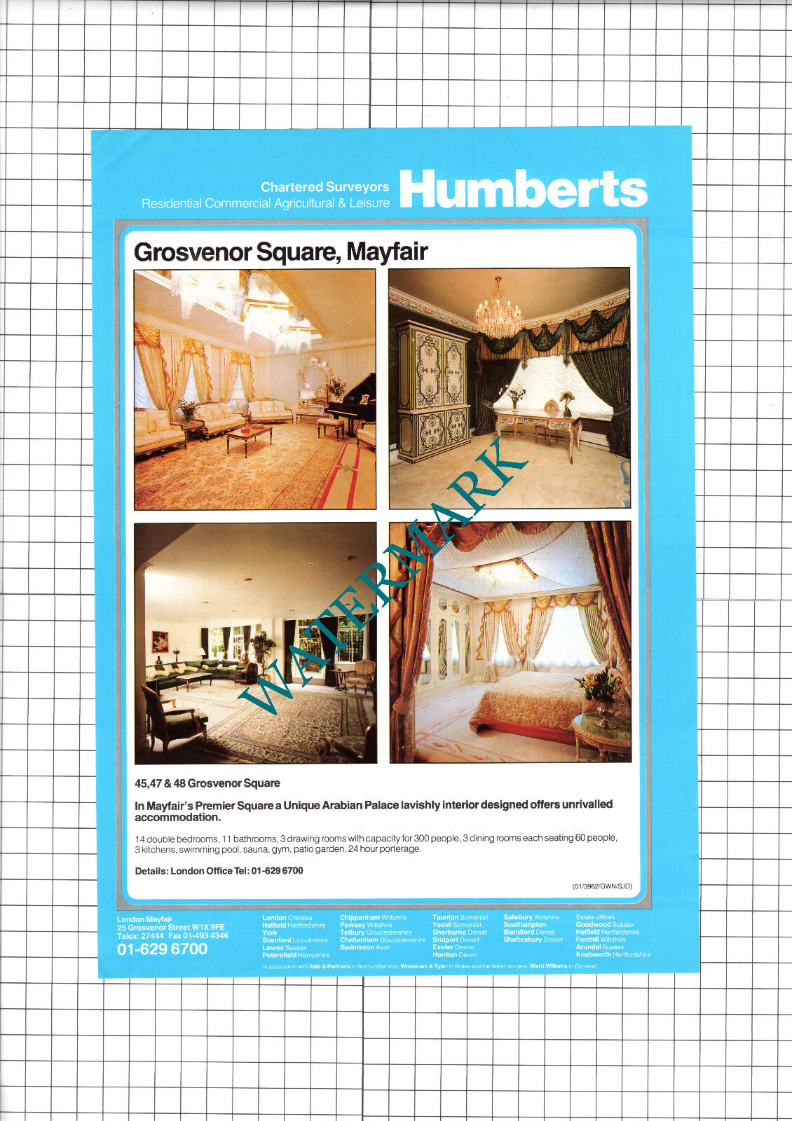 45 Grosvenor Square Mayfair London House Sale Advert - 1989 Clipping / Print