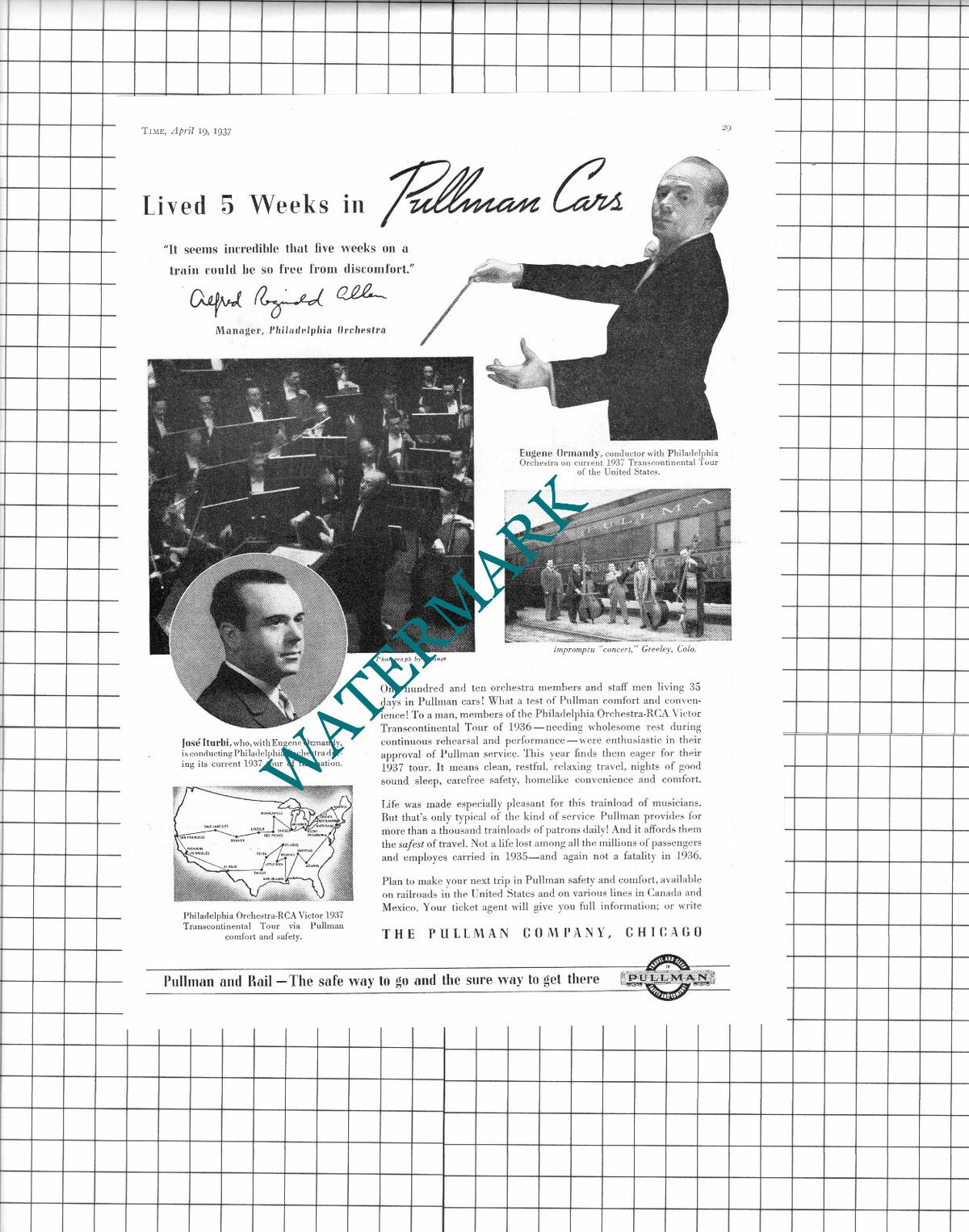 Philadelphia Orchestra Alfred R Allen Ormandy Jose Iturbi Pullman  - 1937 ADVERT