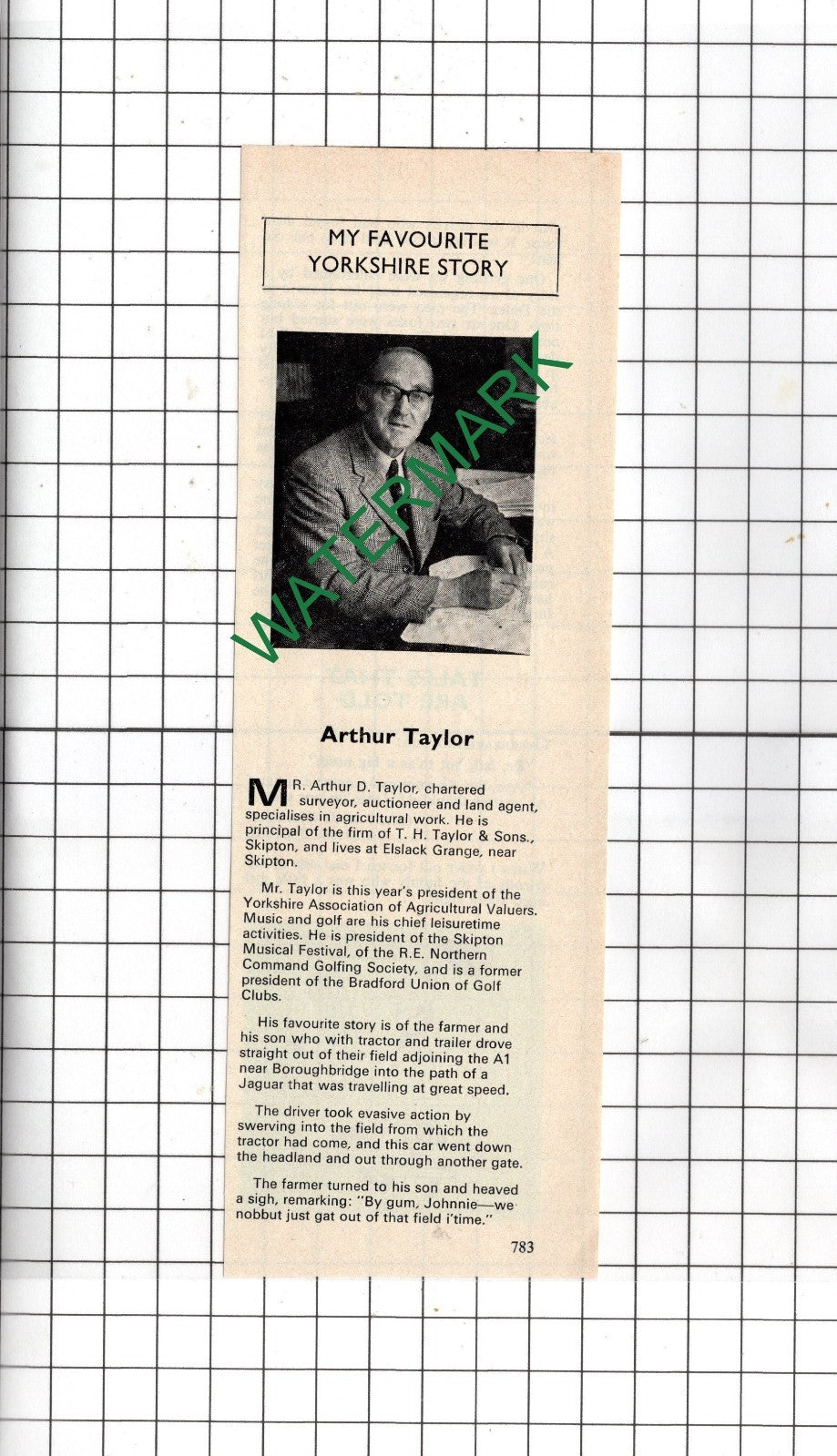 Mr Arthur D Taylor T H Taylor & Sons Skipton North Yorkshire - 1974 Clipping