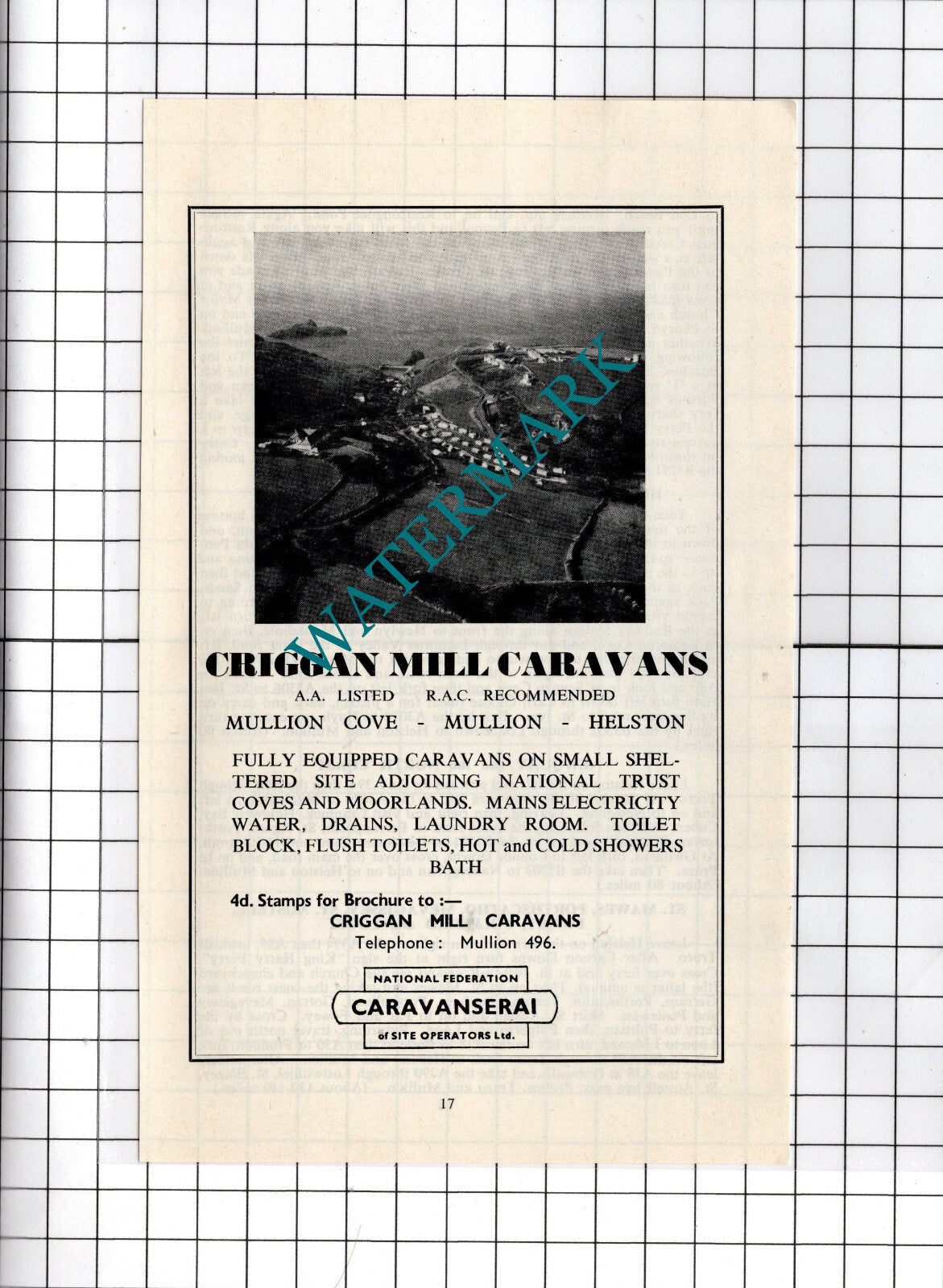 Criggan Mill Caravans Mullion Cornwall   - c.1969 Advert