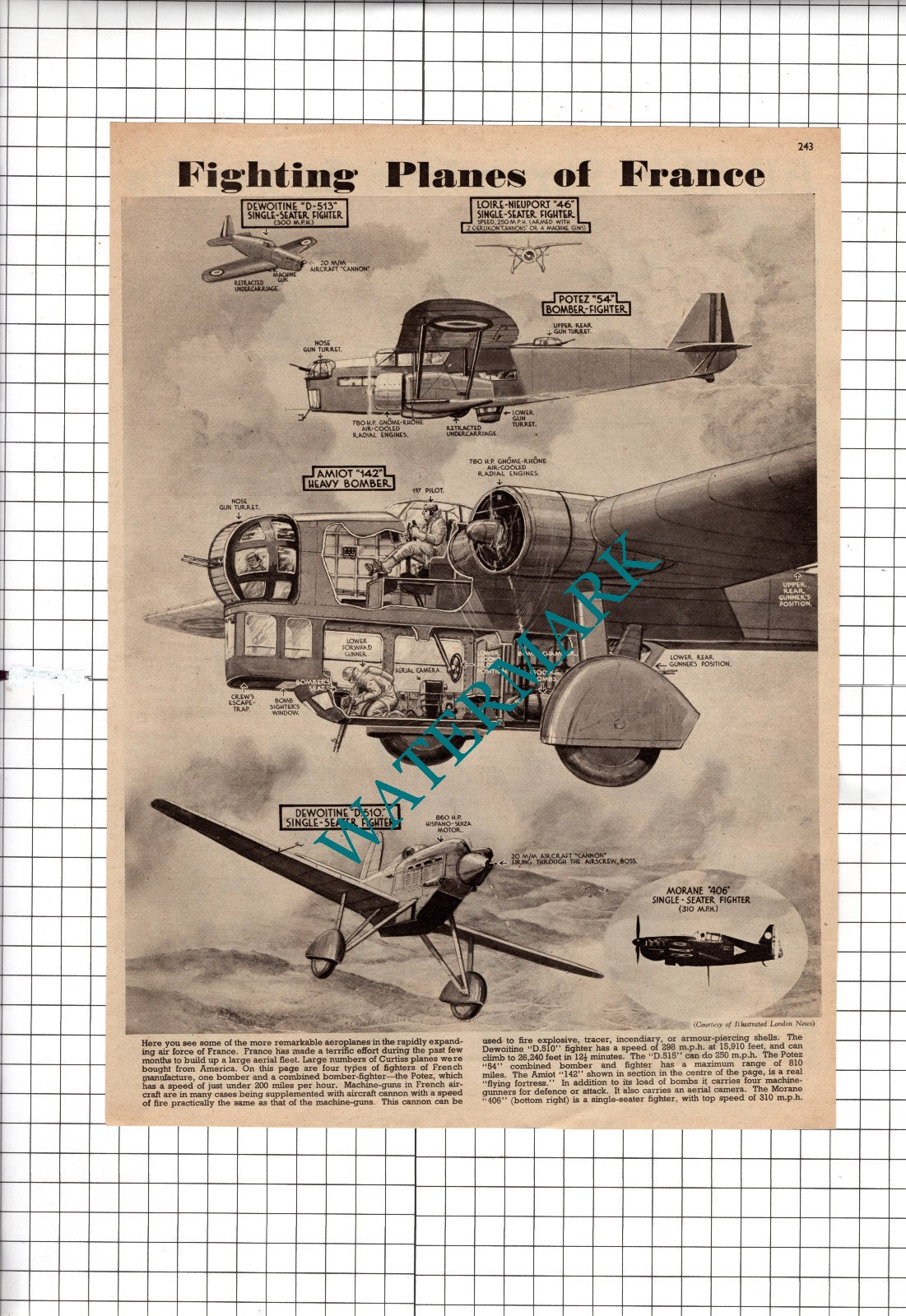 Fighting Planes Of France Diagram World War Two WW2 - c.1940 Clipping