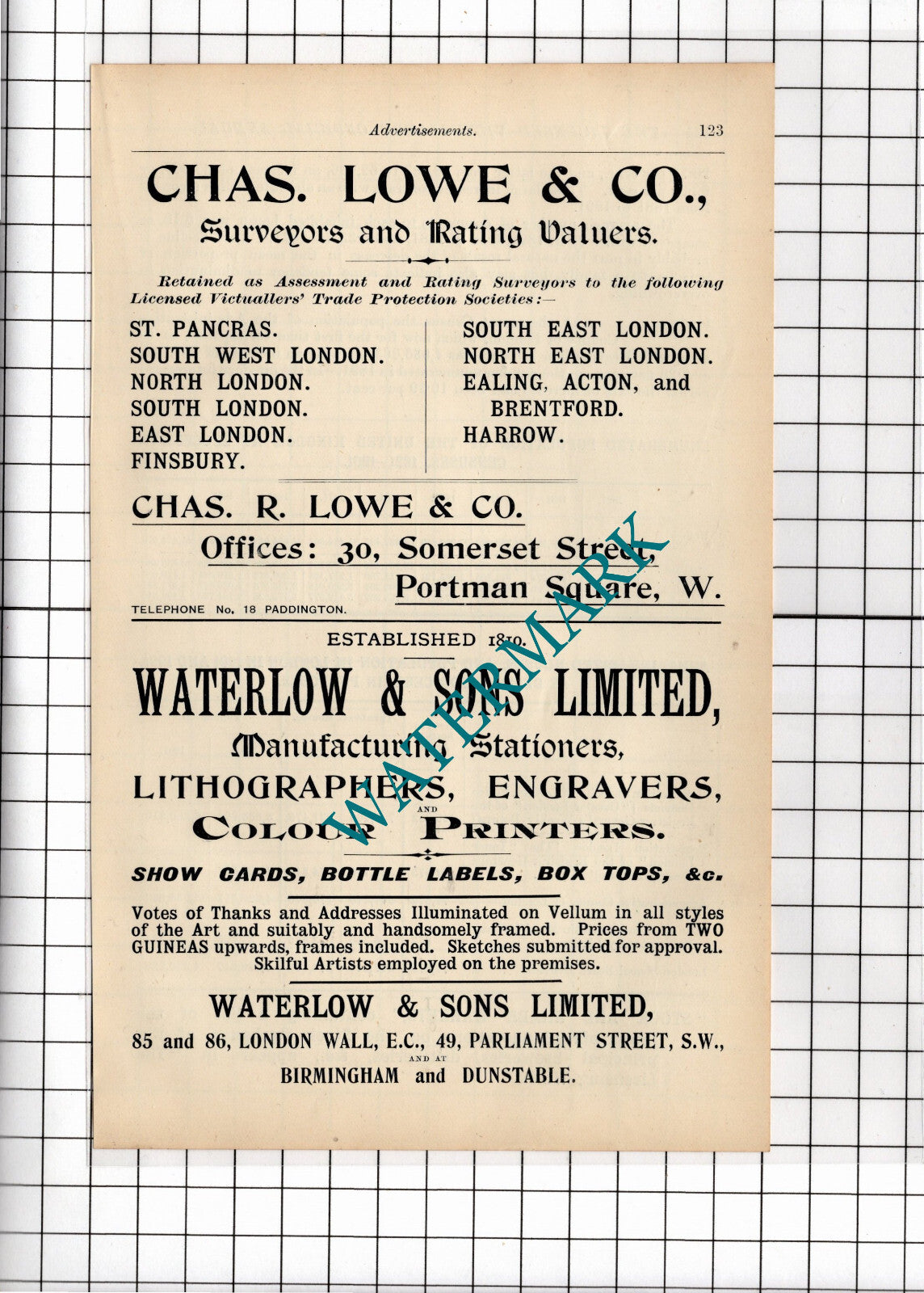 Charles Lowe & Co Surveyor London / Waterlow & Sons Ltd Advert - 1902 Cutting