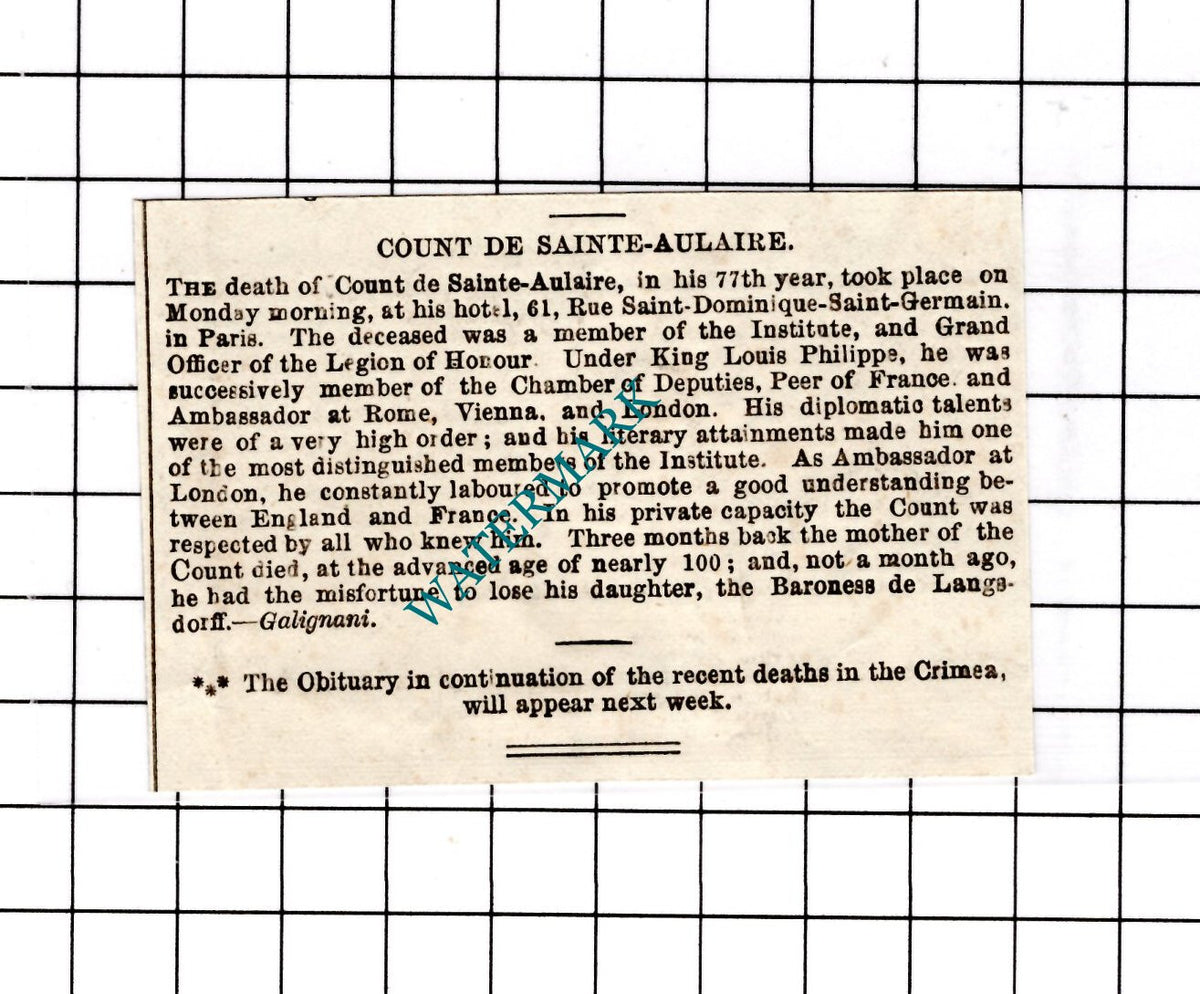 Count de Sainte-Aulaire Obituary -  1854 SMALL Clipping