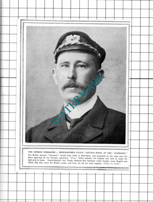 Captain Wood British Steamer Ship DURWARD WW1   - c.1915 Clipping / Print