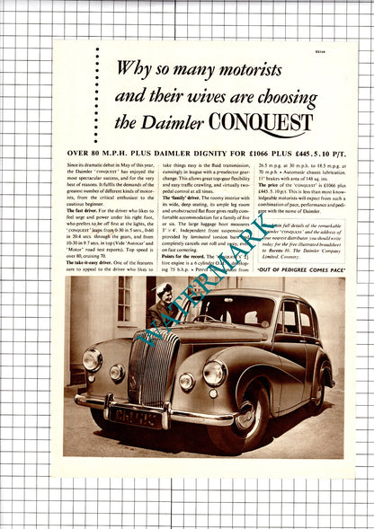 Daimler Conquest Car Advert / Palace Hotel Madrid Spain - 1953 Cutting / Print