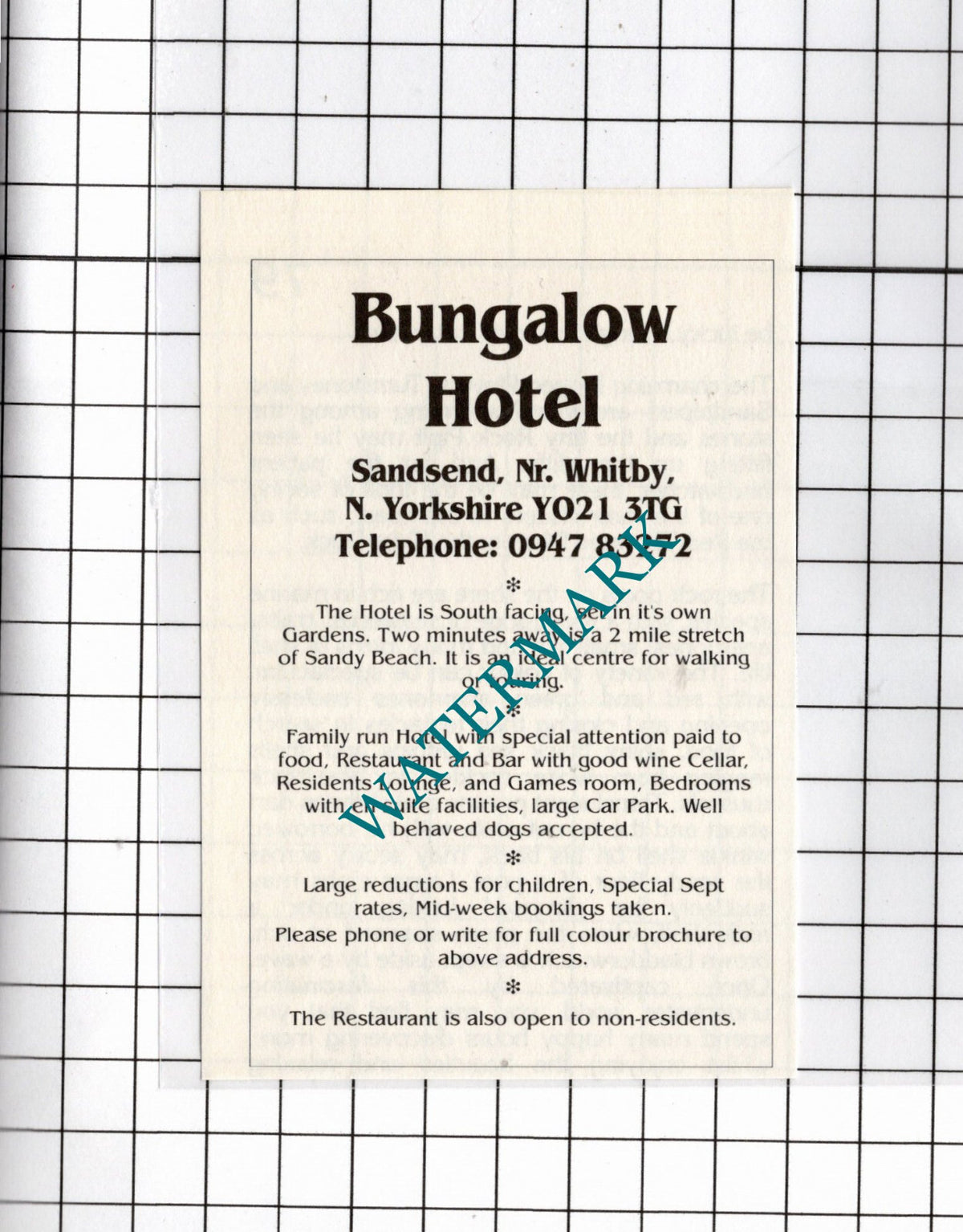 Bungalow Hotel Sandsend North Yorkshire  - 1990 Small Advert